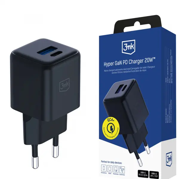 Incarcator Retea 3MK Hyper, 20W, 3A, 1 x USB-A - 1 x USB-C, Negru