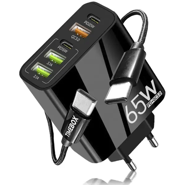 Incarcator Retea, 65W, 5 Porturi, 3 x USB, 2 x Type-C, Negru - Default Title