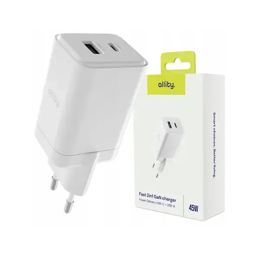 Incarcator Retea Allity ATC-01-45WAC, GaN PD QC 1x USB-C, 1x USB-A, 45W, Alb