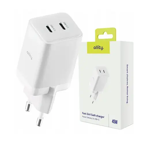 Incarcator Retea Allity ATC-01-45WCC, GaN PD QC, 2x USB-C, 45W, Alb