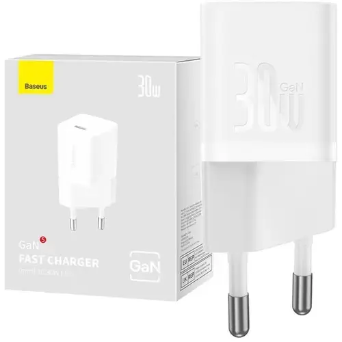 Incarcator retea Baseus, GaN5 Fast Charger 30W, 1 x USB Type-C 5V/3A, Alb