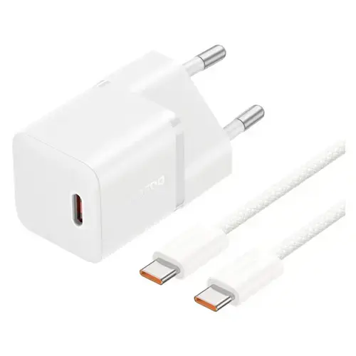 Incarcator retea Baseus P10110900213-01, 1x USB-C, Quick Charge 20 W, GaN, White + Cablu USB-C 1 m (Alb)