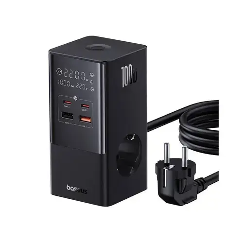 Incarcator retea Baseus PowerCombo, cu prelungitor, 100W, 2x AC, 2x USB-C, 2x USB-A, 1.5m (Negru)
