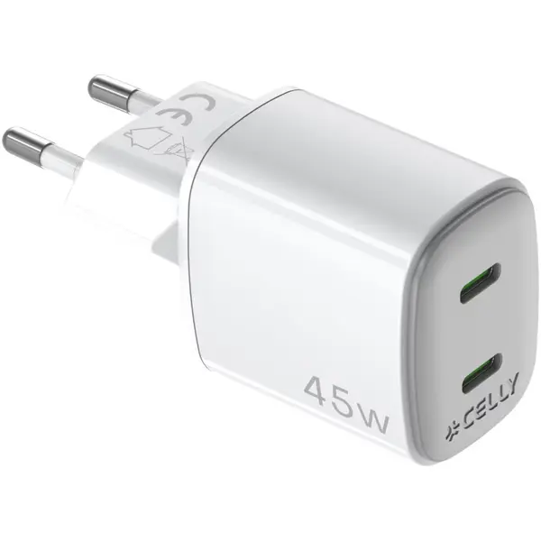 Incarcator Retea Celly UltraCompact GaN 2xUSB-C 45W Alb