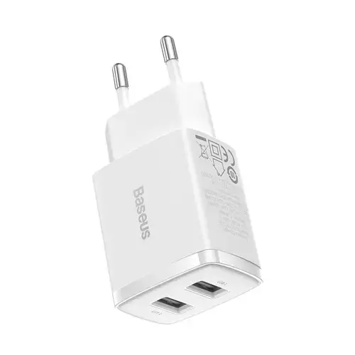 Incarcator retea Compact 2U, Baseus, 2x USB-A 10.5W 2A (Alb)