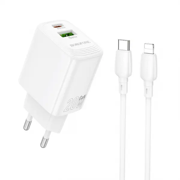 Incarcator Retea Cu Cablu Lightning Borofone BN27 Fuente, 20W, 3A, 1 x USB-A - 1 x USB-C, Alb