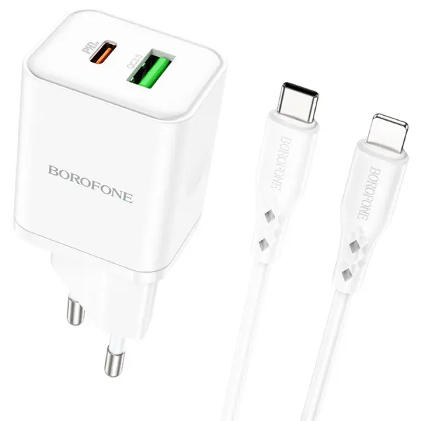 Incarcator Retea Cu Cablu Lightning Borofone BN7, 20W, 3A, 1 x USB-A - 1 x USB-C, Alb
