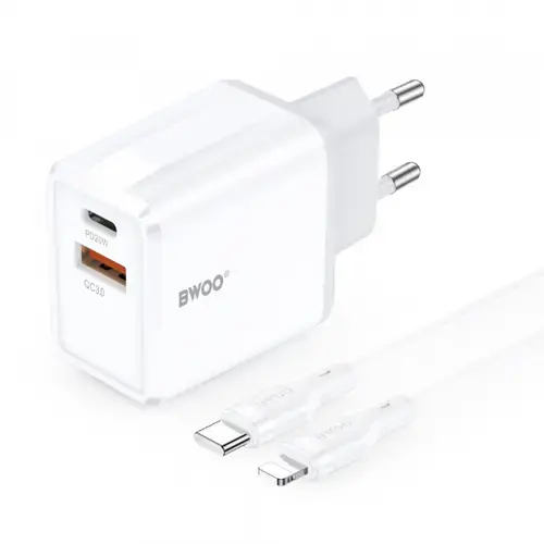 Incarcator Retea Cu Cablu Lightning BWOO CDA182, 38W, 3A, 1 x USB-A - 1 x USB-C (Alb)