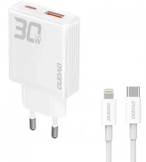 Incarcator Retea Cu Cablu Lightning Dudao A30EUL, 30W, 3A, 1 x USB-A - 1 x USB-C, Alb
