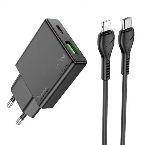 Incarcator Retea Cu Cablu Lightning HOCO N38, 20W, 3A, 1 x USB-A - 1 x USB-C (Negru)