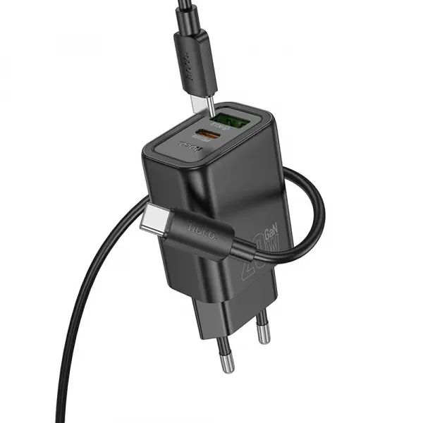 Incarcator Retea Cu Cablu Lightning HOCO N61, 20W, 3A, 1 x USB-A - 1 x USB-C, Negru