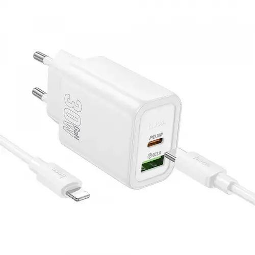 Incarcator Retea Cu Cablu Lightning HOCO N63, 30W, 3A, 1 x USB-A - 1 x USB-C (Alb)