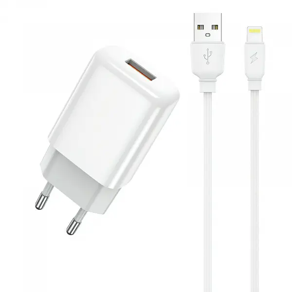 Incarcator Retea Cu Cablu Lightning Prestico F9S, 12W, 2.4A, 1 x USB-A, Alb