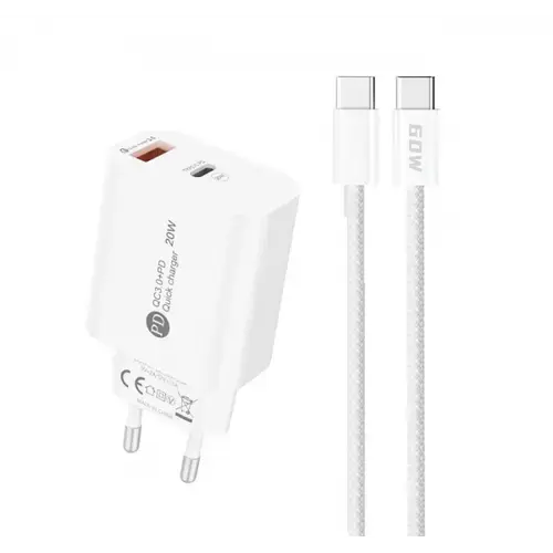 Incarcator Retea Cu Cablu USB-C A6MaxL, 20W, 3A, 1 x USB-A - 1 x USB-C (Alb)