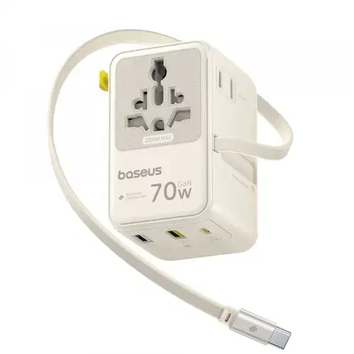 Incarcator Retea Cu Cablu USB-C Baseus Travel EnerCore CG11 E0307E01, 70W, 2 x Priza - 1 x USB-C - 2 x USB-A (Alb)