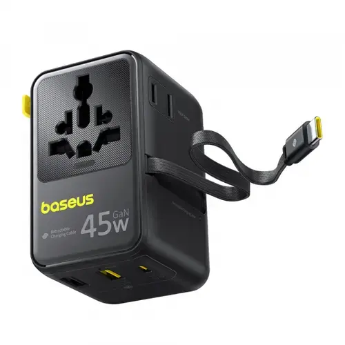 Incarcator Retea Cu Cablu USB-C Baseus Travel PicoGo AG11 E0307F00, 45W, 2 x Priza - 1 x USB-C - 2 x USB-A (Negru)