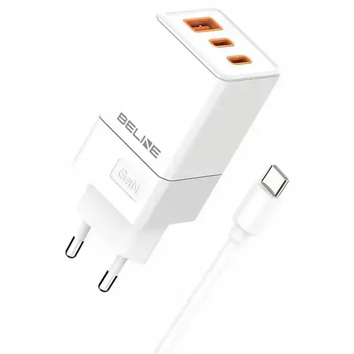 Incarcator Retea Cu Cablu USB-C Beline GaN, 65W, 3A, 1 x USB-A - 2 x USB-C, Alb BLN3CW65C