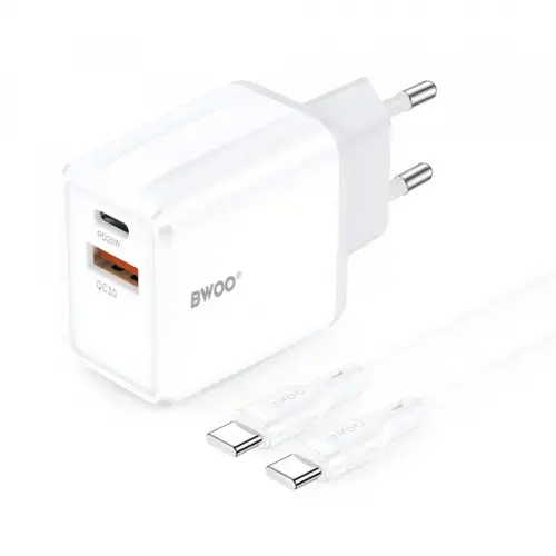 Incarcator Retea Cu Cablu USB-C BWOO CDA182, 38W, 3A, 1 x USB-A - 1 x USB-C (Alb)
