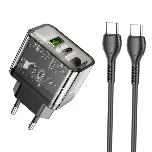 Incarcator Retea Cu Cablu USB-C HOCO N34, 20W, 3A, 1 x USB-A - 1 x USB-C, Transparent