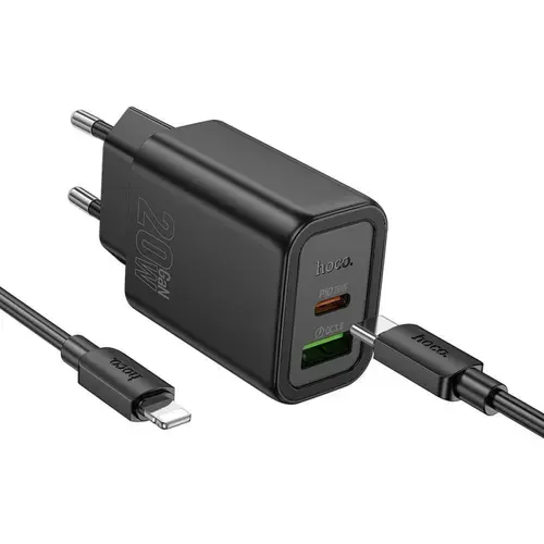 Incarcator Retea Cu Cablu USB-C HOCO N61, 20W, 3A, 1 x USB-A - 1 x USB-C (Negru)