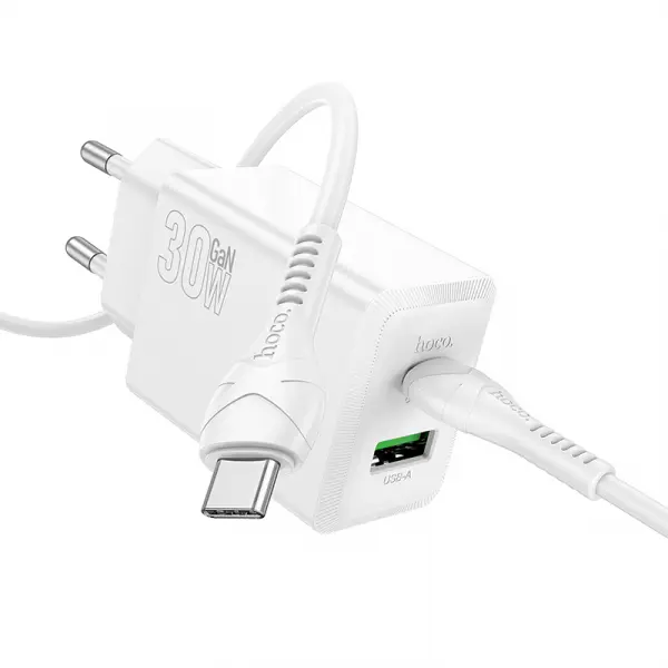 Incarcator Retea Cu Cablu USB-C HOCO N71, 30W, 3A, 1 x USB-A - 1 x USB-C, Alb
