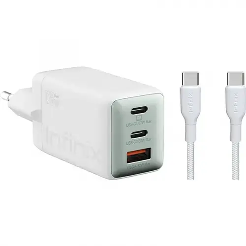 Incarcator Retea Cu Cablu USB-C Infinix XC07868EU + XDC95, 68W, 6.2A, 1 x USB-A - 2 x USB-C (Alb)
