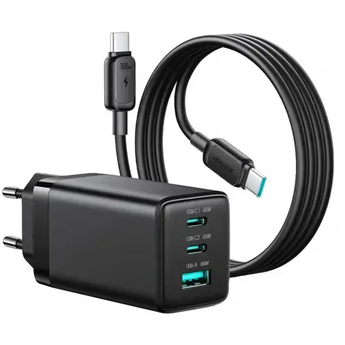 Incarcator Retea Cu Cablu USB-C Joyroom JR-TG10, 65W, 3.25A, 1 x USB-A - 2 x USB-C (Negru)