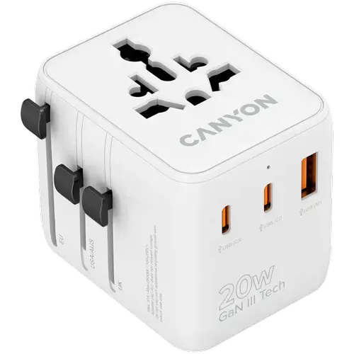 Incarcator retea de calatorie CANYON OnTour 20 CNS-TA20W1005W, 20 W, 1x USB-A, 2x USB Type-C (Alb)