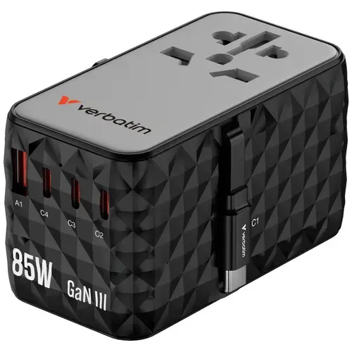 Incarcator retea de calatorie universal Verbatim GaN II, 85 W, 4xUSB-C PD, 1x USB-A QC (Negru)