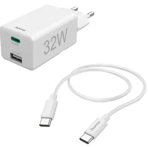 Incarcator retea HAMA 201692, 1xUSB, 1x USB-C, Quick Charge 3.0, 32W, Cablu USB-C (Alb)