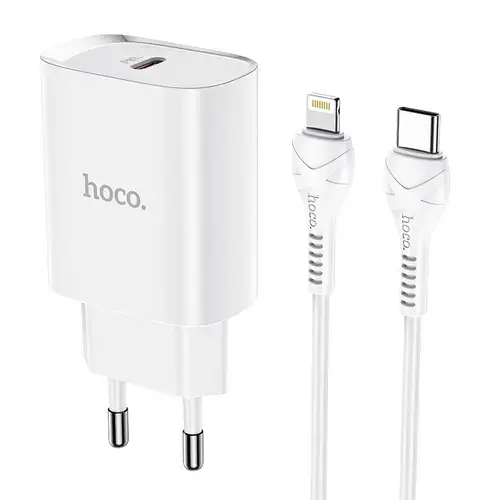 Incarcator Retea HOCO N14, Quick Charge, 20W, 1 x USB-C + cablu Lightning, Alb