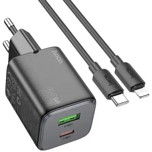 Incarcator Retea HOCO N41, 20 W, 3 A, USB-A, USB-C, cablu Lightning (Negru)