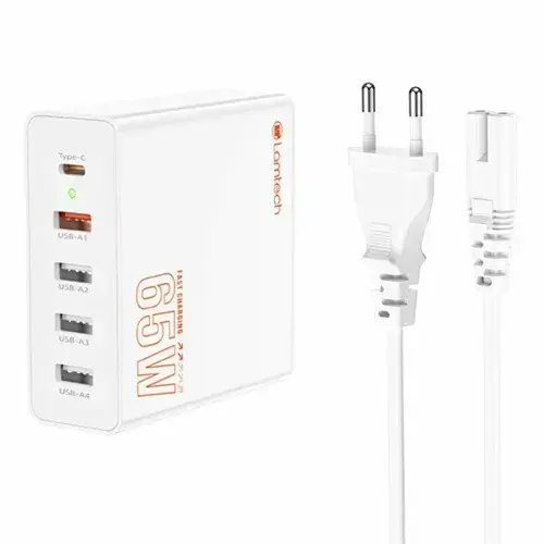Incarcator retea Lamtech GaN Fast Charge PD 65W, 1xUSB Type-C, 4xUSB QC3.0, Alb