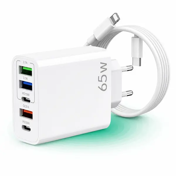 Incarcator Retea, Lightning la USB-C, 65W, 5 Porturi, 3 x USB, 2 x Type-C, Alb - Default Title