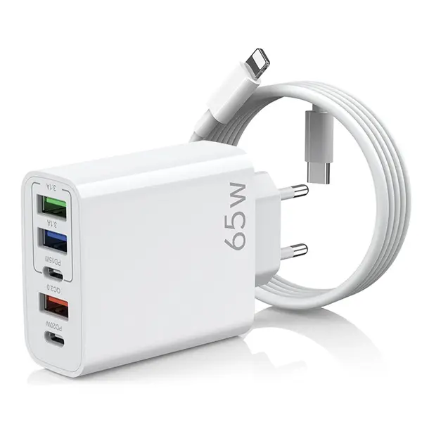 Incarcator Retea, Lightning la USB-C, 65W, 5 Porturi, 3 x USB, 2 x Type-C, Alb - Default Title