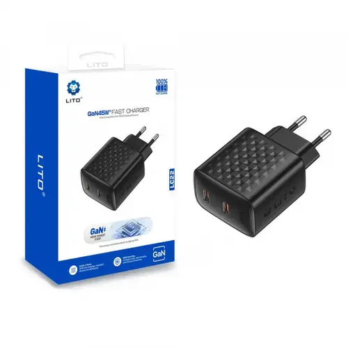 Incarcator Retea Lito LC22, 45W, 3A, 2 x USB-C (Negru)