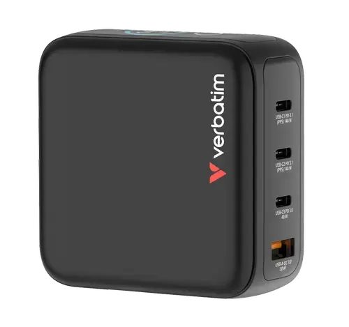 Incarcator retea mini GaN Verbatim 30240, 140W, Display, 2x USB-C PD 3.0, 1x USB-A QC 3.0 (Negru)
