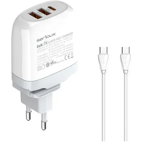 Incarcator retea Serioux QC65WGAN, 65W, tehnologie GaN, 1x USB-C, 2x USB-A, cablu Type-C inclus, Alb