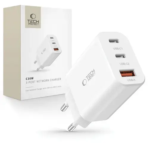 Incarcator Retea Tech-Protect NC30W, 30W, 3A, 1 x USB-A, 2 x USB-C, Alb