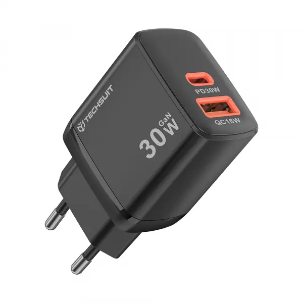 Incarcator Retea Techsuit CH1 Duonix, 30W, 3A, 1 x USB-A - 1 x USB-C, Negru