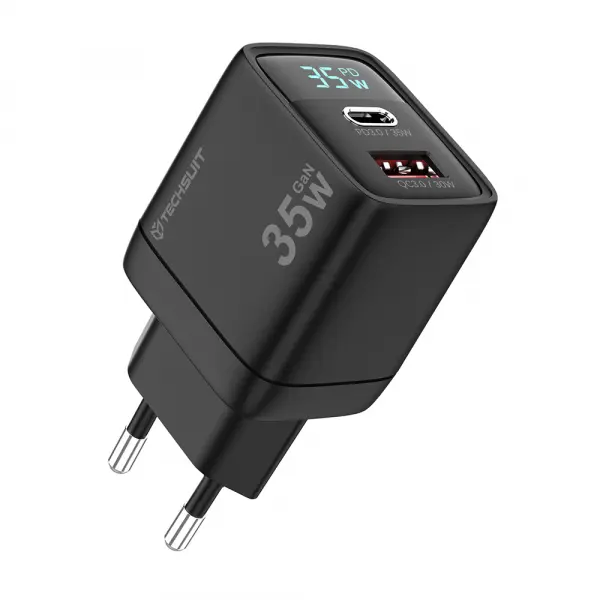 Incarcator Retea Techsuit CH3 LEDChargX Display, 35W, 3A, 1 x USB-A - 1 x USB-C, Negru