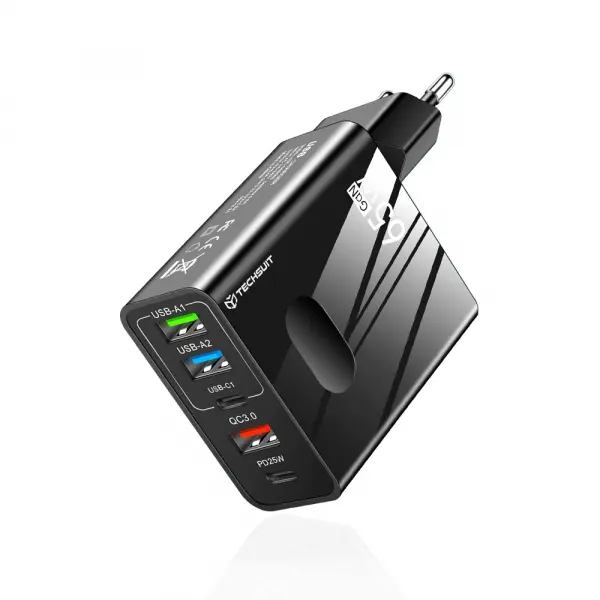 Incarcator Retea Techsuit CHC1 PentaXPower, 25W, 3A, 3 x USB-A - 2 x USB-C, Negru