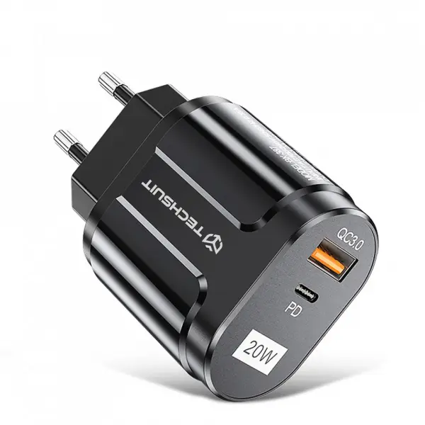 Incarcator Retea Techsuit Premium, 20W, 3A, 1 x USB-A - 1 x USB-C, Negru CHPD038