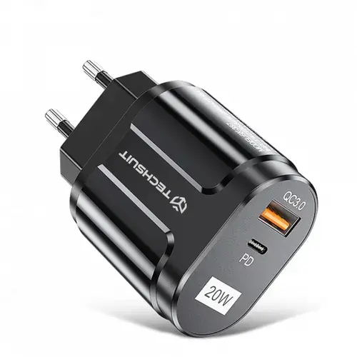 Incarcator Retea Techsuit Premium CHPD038, 20W, 3A, 1 x USB-A - 1 x USB-C (Negru)