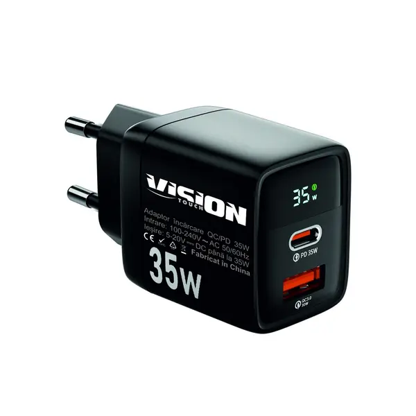 Incarcator retea telefon/tableta/boxa Vision Touch, 35W Type C / USB A, PD/QC, display, negru, VIR01N