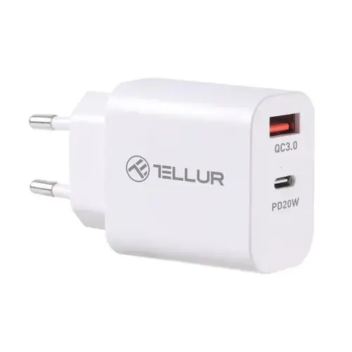 Incarcator retea Tellur PDHC101, 1 x USB-A, 1 x USB Type-C, PD 20W + QC 3.0 18W (Alb)