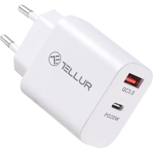 Incarcator retea Tellur PDHC101, 2xUSB, PD 20W + QC3.0 18W, Alb