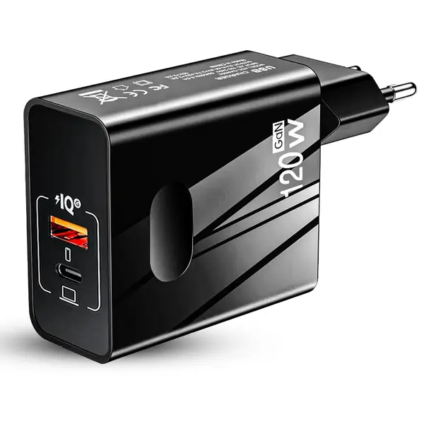 Incarcator Retea Timebox, 2 Porturi, 120W, 1 x Type-C, 1 x USB , C 3, Negru - Default Title