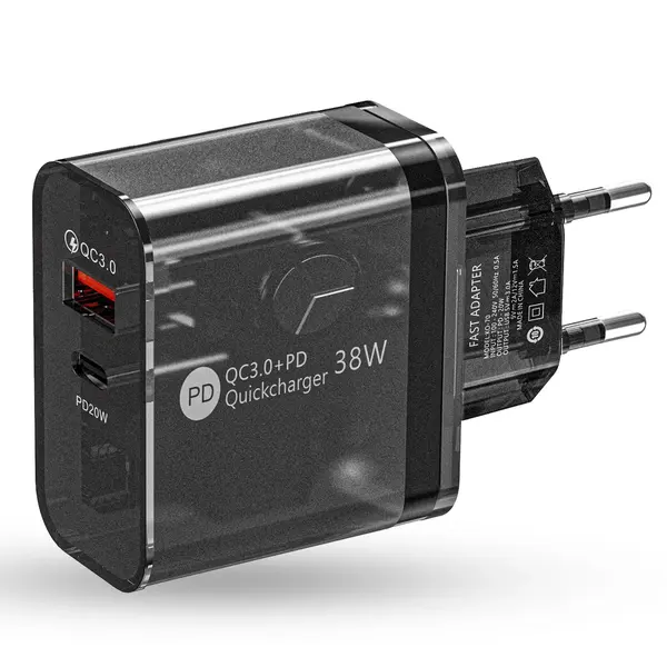 Incarcator Retea Timebox, 2 Porturi, 38W, 1 x Type-C, 1 x USB , C 3, Negru - Default Title