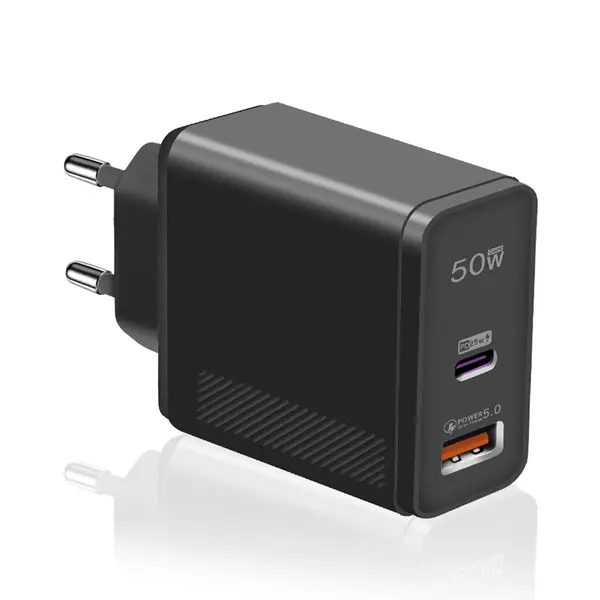 Incarcator Retea Timebox, 2 Porturi, 50W, 1 x Type-C, 1 x USB, Negru - Default Title